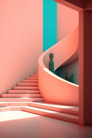 Interior design with stairs and cactus. 3d render illustrationの素材