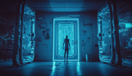 Futuristic hallway with neon mannequin. 3d renderingの素材