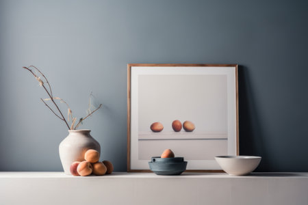Modern interior with mock up poster frame, ceramic vase and dried flowers. Minimalistic home decor.の素材
