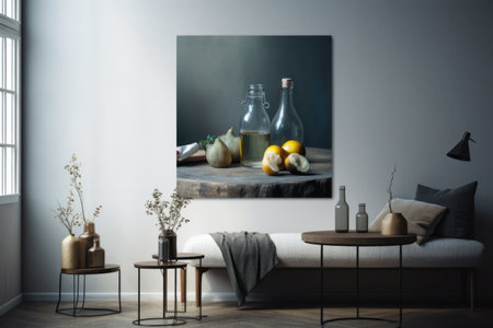 Interior of modern living room with white walls, concrete floor, gray sofa, coffee table and two bottles with wine. 3d renderの素材