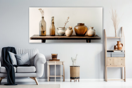 Modern scandinavian living room interior with white sofa, coffee table, bookshelf and vase. Mock upの素材