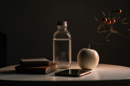 still life with books, an apple, a bottle of water and a smartphoneの素材