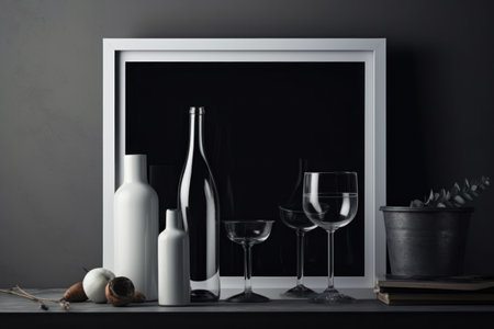 Blank photo frame and glassware on black background. Mock up, 3D Renderingの素材