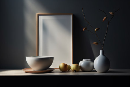 Interior of modern living room with gray walls, concrete floor, white vases with apples and wooden frame. 3d rendering mock upの素材
