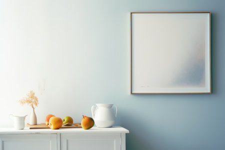 Modern living room interior with mock up poster frame, apples and vase. 3D Renderingの素材