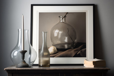 Vintage still life with old books, glass vases and book on vintage chest of drawersの素材