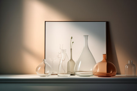 Glass vases on a shelf in the interior. 3d renderingの素材