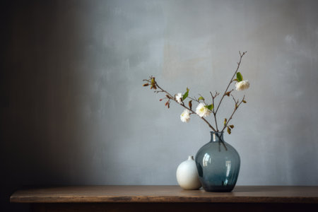 Vase with blooming branch on wooden table over grey wall backgroundの素材