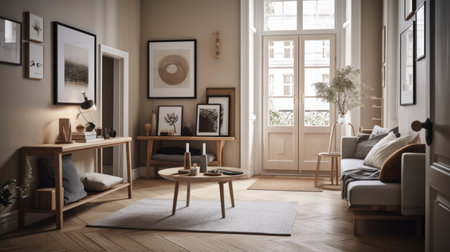 Interior of modern living room with wooden furniture, carpet and armchairの素材