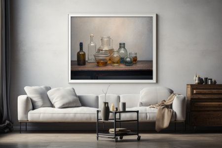 Modern living room interior with a white sofa and a painting on the wallの素材