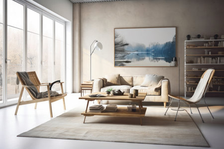 Contemporary living room interior with sofa, armchairs and coffee table. 3D Renderingの素材
