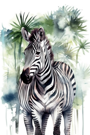 Watercolor illustration of zebra in tropical forest with palm leaves.の素材