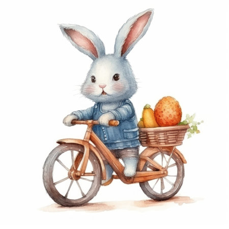 Easter bunny with basket of eggs. Watercolor hand drawn illustrationの素材