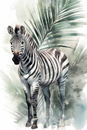 Watercolor illustration of zebra with palm leaves on white background.の素材