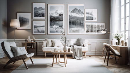 Interior of modern living room with gray walls, wooden floor, beige sofa, coffee table and picture frames. 3d renderの素材