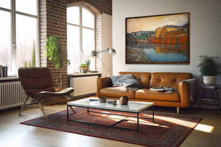 Interior of modern living room with brown sofa, coffee table, armchair and painting on wallの素材
