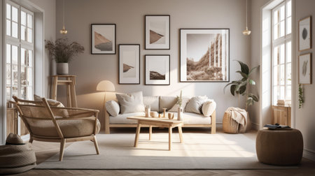 Modern living room interior design with brown sofa, armchair, coffee table and posters. 3d renderingの素材