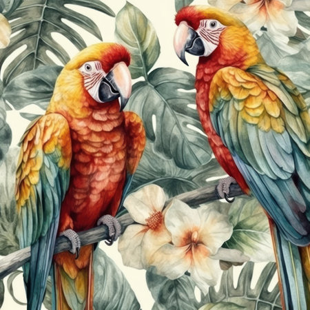 Watercolor tropical background with parrots and hibiscus flowersの素材