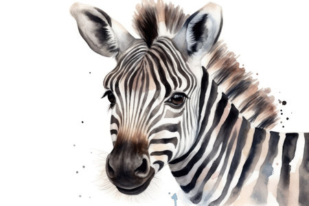 Watercolor portrait of zebra on white background. Hand drawn illustrationの素材