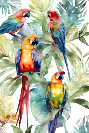 Beautiful vector image with nice watercolor parrots and tropical leavesの素材