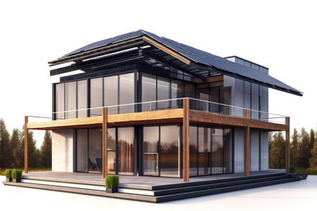 3d render of modern house with solar panels on the roof.の素材