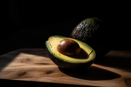 Avocado on a wooden cutting board. Black background. close up.の素材