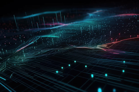 Abstract technology background with glowing lines and dots. 3D Renderingの素材