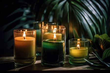 Burning candles with tropical leaves on dark background. selective focus.の素材