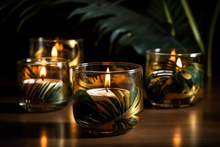 Burning candles in glass on wooden table with palm leaf background.の素材