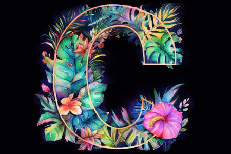 Alphabet letter C decorated with tropical leaves and flowers on black backgroundの素材