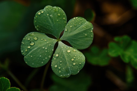 Green clover leaf with water drops close up. natural background.の素材
