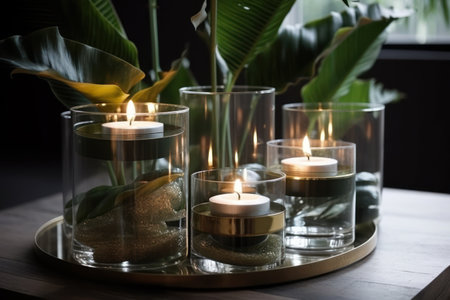 Burning candles in glass candlesticks on wooden table in roomの素材