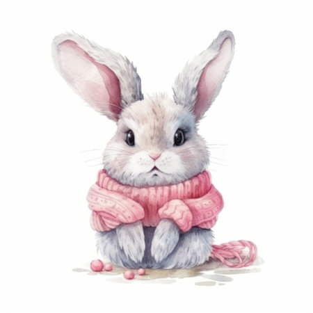 Watercolor illustration of a cute baby rabbit in a pink scarf.の素材