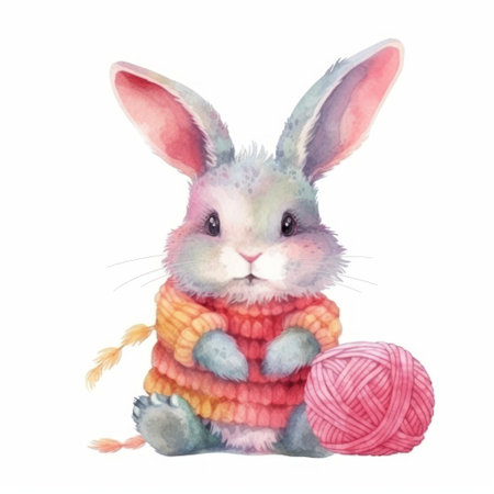 Watercolor illustration of a cute rabbit in a scarf with a ball of yarnの素材