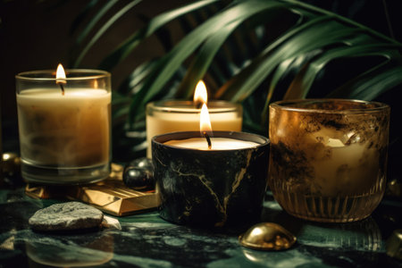 Burning candles, spa stones and palm leaves on dark background.の素材