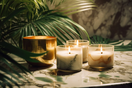 Candles with green palm leavesle table. Toned.の素材