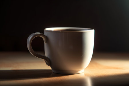 Coffee cup on wooden table and black background. copyspace.の素材