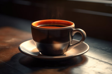 Coffee cup on wooden table in coffee shop, stock photoの素材