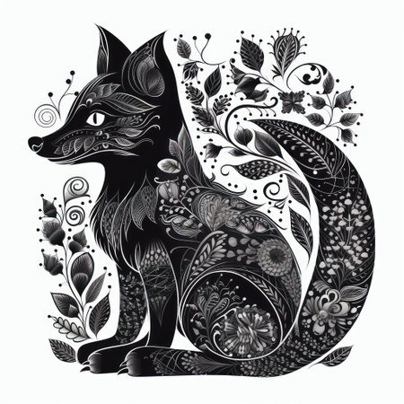 Black and white illustration of a fox in the style of Russian folk art.の素材