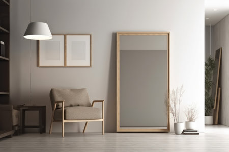Interior of modern living room with white walls, wooden floor, beige armchair and mock up poster frame. 3d renderingの素材
