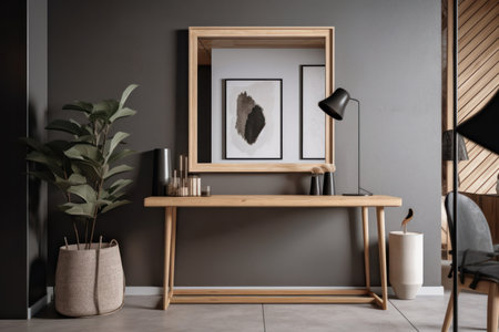 Interior of modern room with wooden commode, lamp and plantsの素材