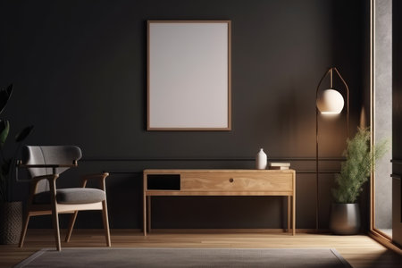 Interior of modern living room with dark gray walls, wooden floor, comfortable brown armchairs standing near coffee table and vertical mock up poster frame. 3d renderingの素材