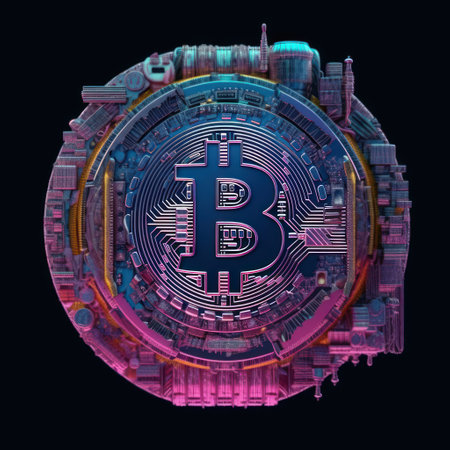 Bitcoin hologram in a circle on a dark background. 3d renderingの素材