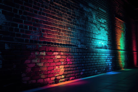 Colorful neon lights on a brick wall background. 3d renderingの素材
