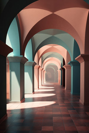 Colored arches in a corridor of an old building. 3d renderingの素材