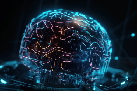Glowing hologram of human brain on dark background. 3D renderingの素材