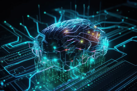 3D rendering of a human brain and circuit board on a dark backgroundの素材