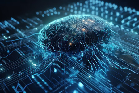 3D rendering of artificial intelligence concept with human brain on blue backgroundの素材
