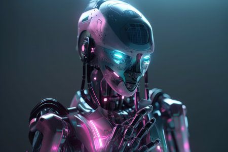 Cyborg female cyborg in pink neon light. 3D renderingの素材