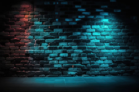 Dark brick wall with neon light and shadow. 3D rendering.の素材